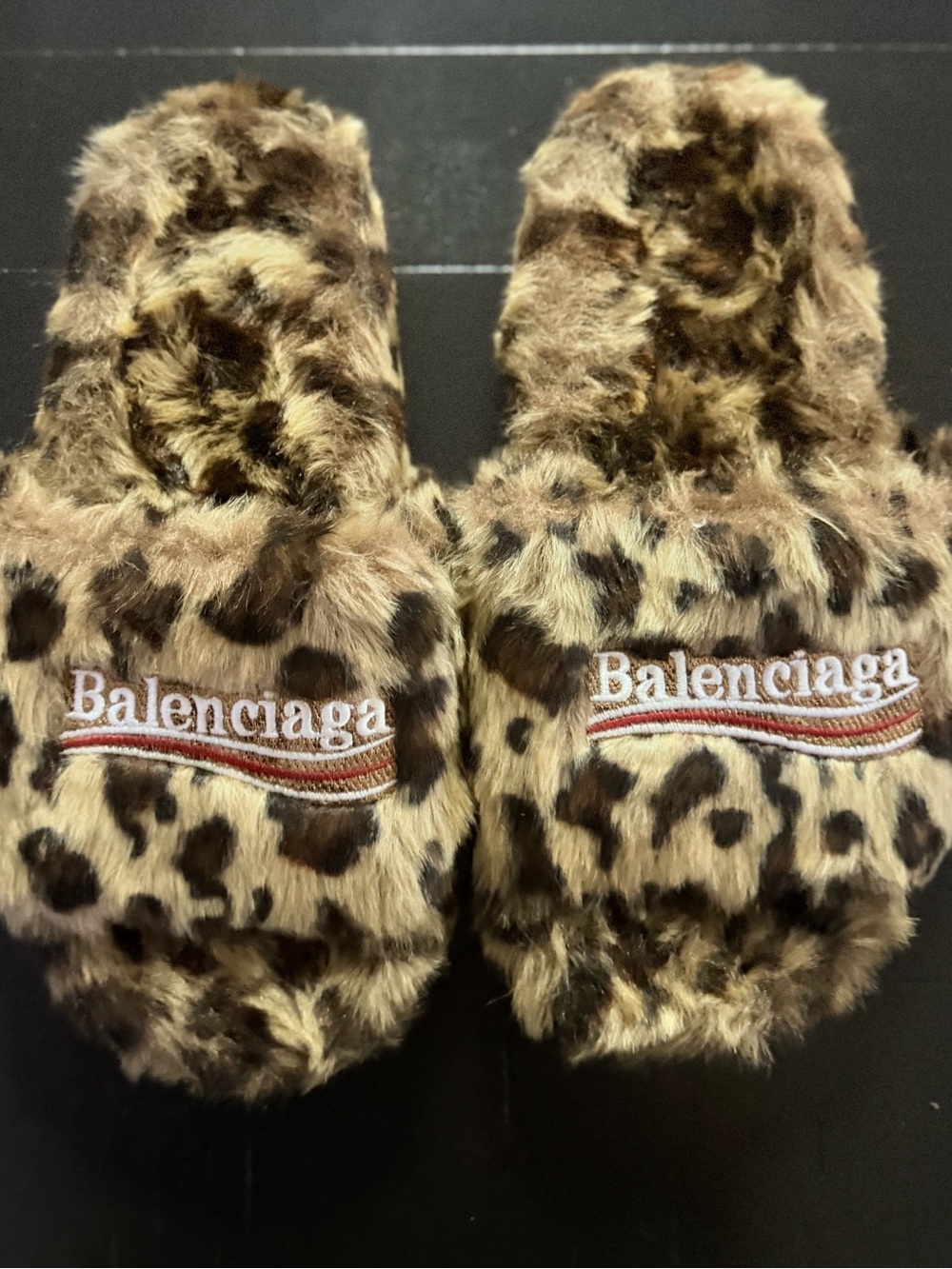Balenciaga Leopard Faux Fur Slippers - Brown & Black